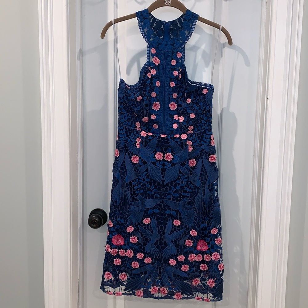 Marchesa Notte Blue Bird Lace Dress